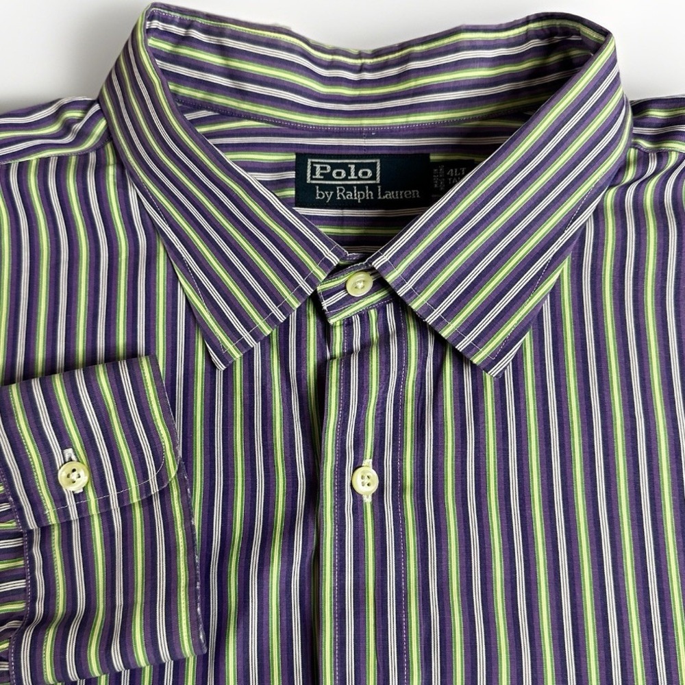 Vintage Polo Ralph Lauren Shirt Mens 4XL Tall Purple Neon Green Striped Classic